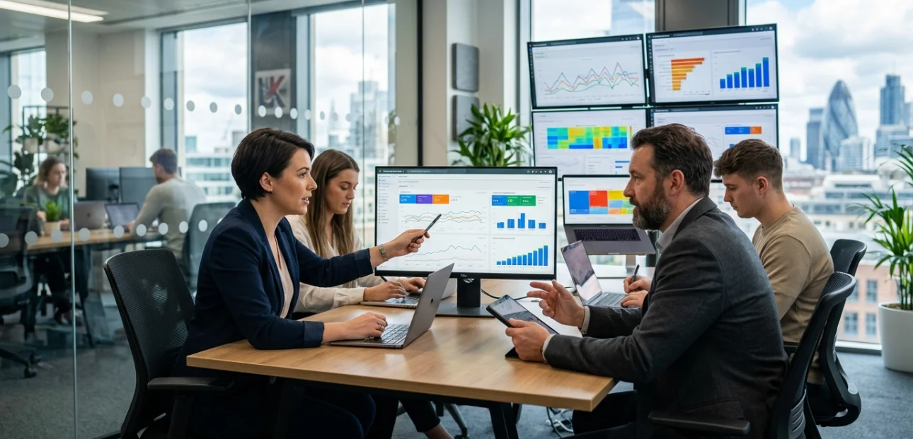 Digital marketing team analyzing campaign performance and strategy reports on a laptop in a modern office